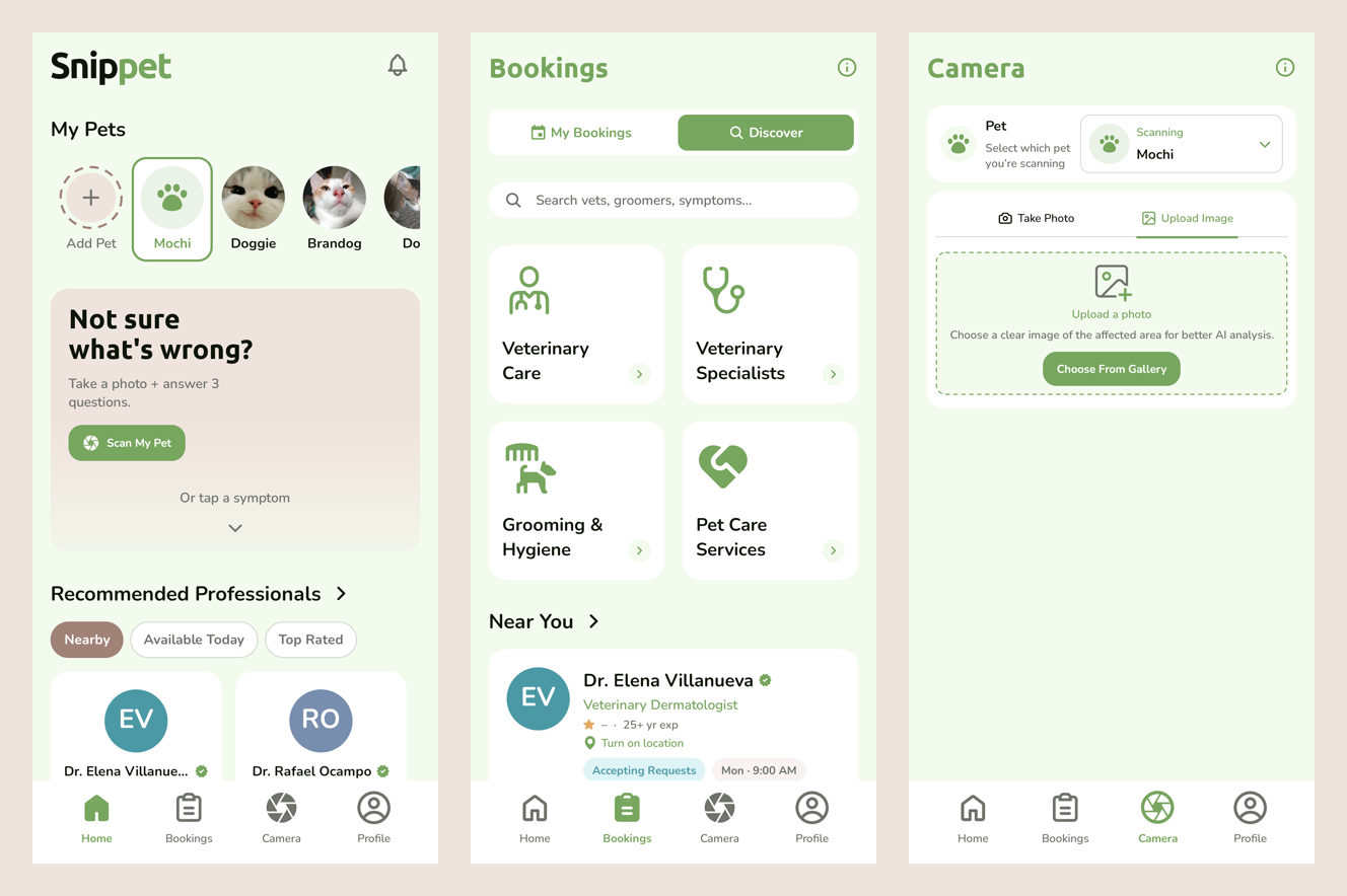 Three Snippet screens: saved pets on the home screen, browsing nearby pet care professionals, and the symptom check photo upload.